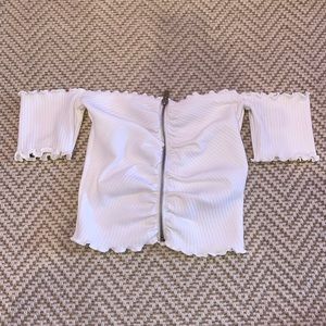 Off the Shoulder White Zipper Crop Top